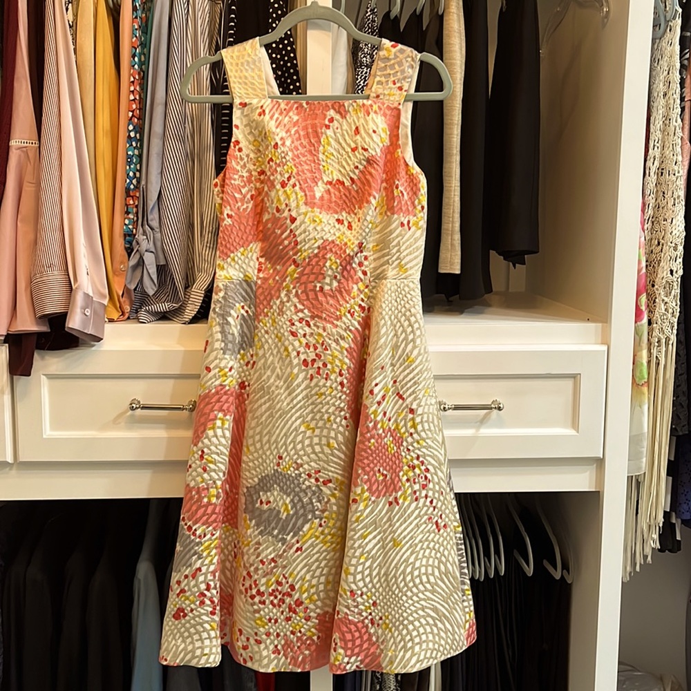 L.K. Bennett Midi Dress, Peach& Gold Pattern, Size 8